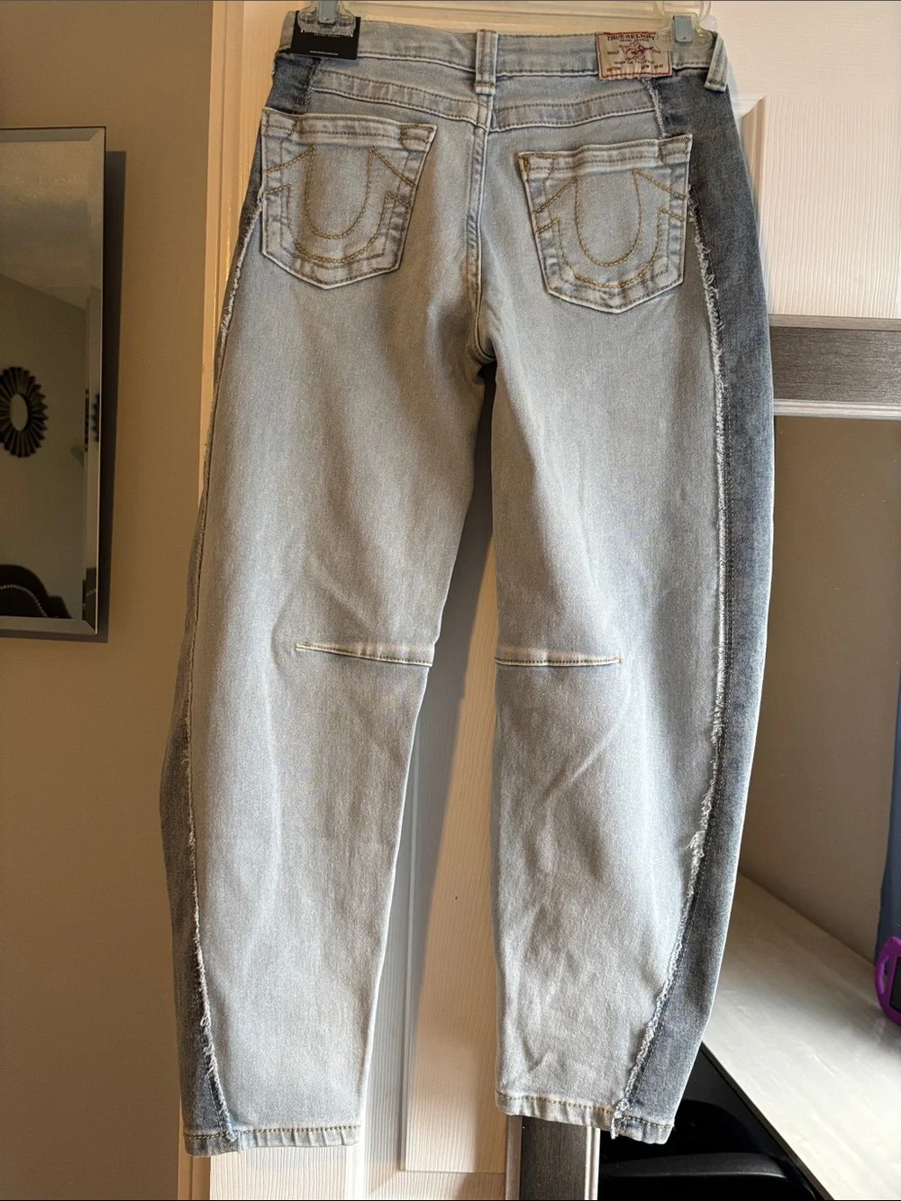 True Religion Two-Tone Light and Dark Blue Panel Jeans barrel jeans girls